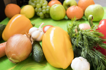 Different Vegetables and Fruits harvested from organic farm top view. Healthy eating, Vegetarian food, Nutrition concept.