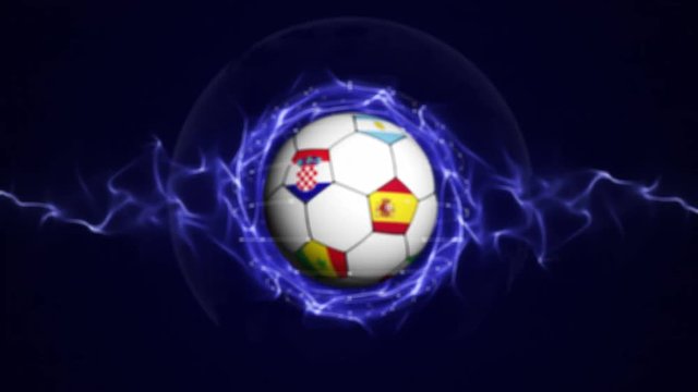 Soccer Ball and World Flag in Blue Abstract Particles Ring, ZOOM IN \ ZOOM OUT, Animation, Background, Loop, 4k