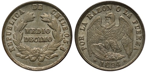Chile Chilean coin 1/2 half decimo 1894, denomination within wreath, condor holding oval shield, motto by reason or force, tiny coin, silver,