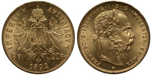 Austria Austrian golden coin 8 eight forint 20 francs 1892,  crowned imperial eagle with two heads holding scepter and orb, Emperor Franz Joseph laureate head right, gold,