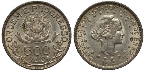 Brazil Brazilian silver coin 500 five hundred reis 1913, star-like arms in center, denomination below, motto order and progress above, female head in circle of stars right, date below, silver,