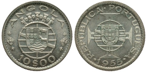 Portuguese Angola Angolan silver coin 10 ten escudo 1955, colony arms with elephant an zebra, denomination below, arms of Portugal, bluish patina, silver,