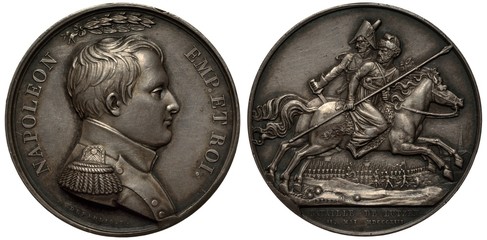 France French silver medal Battle of Lutzen in 1813, bust of Napoleon in military uniform, laurel wreath above, Prussian (?) officer and Russian Cossack on horses right, battle scene below, troops, ca