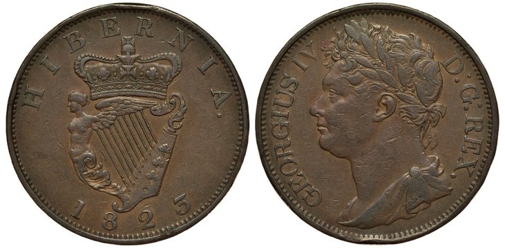 Ireland Irish coin 1 one penny 1823, Irish harp, crown on top, King George IV laureate head left, bronze,