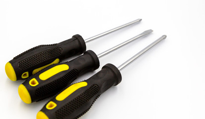 Three screwdrivers isolated, equipment for construction