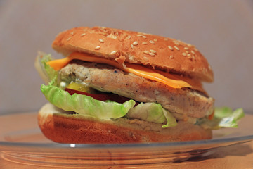 hamburger with meat, cheese and salad