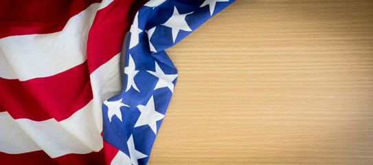 close up usa america flag on wood plain background 