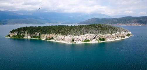 Naklejka na ściany i meble island golem grad, lake prespa ,macedonia, aerial view
