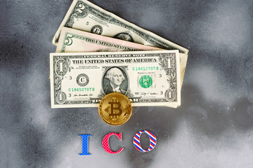 ICO- initial concept of coin placement for the funding startup projects. Modern silver foil mystic...