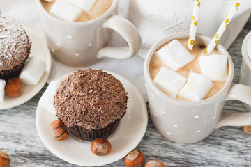 Cups with cacao and marshmallow, cupcakes and different decorations