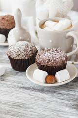 Cups with cacao and marshmallow, cupcakes and different decorations