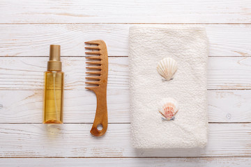 Sea accessories on wooden background