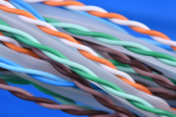 Multi colored computer network cables and wires with selective focus