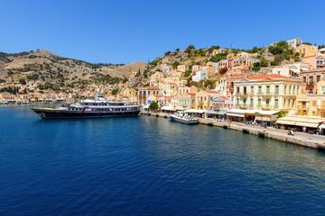View of Gialos Harbor and beautiful Symi Island. Greece