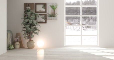 White empty room with winter landscape in window. Scandinavian interior design. 3D illustration
