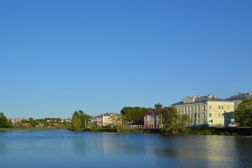 Fototapeta na wymiar View of the embankment of the river Vologda