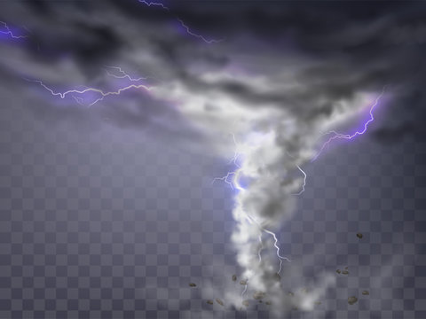 Vector realistic tornado with lightnings, destructive hurricane isolated on transparent background. Wind cyclone, twisted vortex with flashes of light and flying stones, dangerous natural disaster