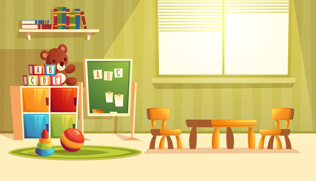 Vector illustration of cartoon kindergarten - toys for children, books, furniture for preschool, infant school. Teddy bear, ball with other elements for teaching and learning kids.