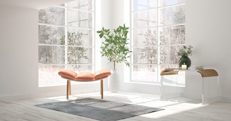White room with armchair and winter landscape in window. Scandinavian interior design. 3D illustration
