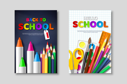 Back to school sale posters with 3d realistic school supplies and paper cut style letters. Poster for seasonal discount, vector illustration.