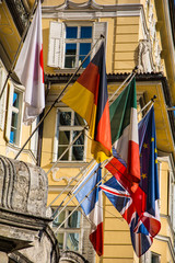 Hotel facade with many European flags