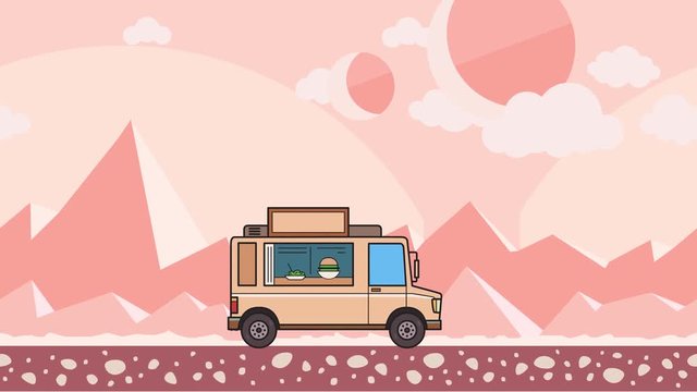 Animated food truck riding through alien planet desert. Moving vehicle on extraterrestrial landscape background. Flat animation
