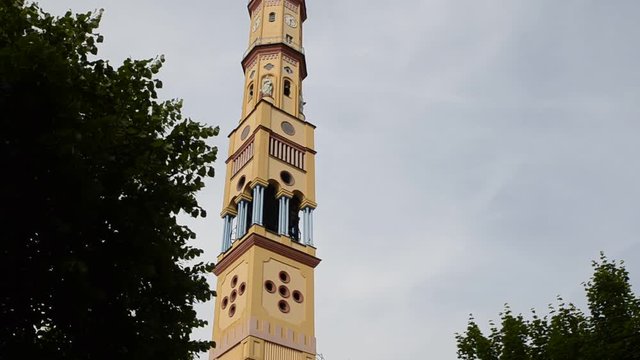 Turin, Piedmont region, Italy. May 2018. Church of Our Lady of Suffrage and Santa Zita. Its bell tower, with its 83 meters, is the fifth highest summit of the city of Turin. Movement top to bottom