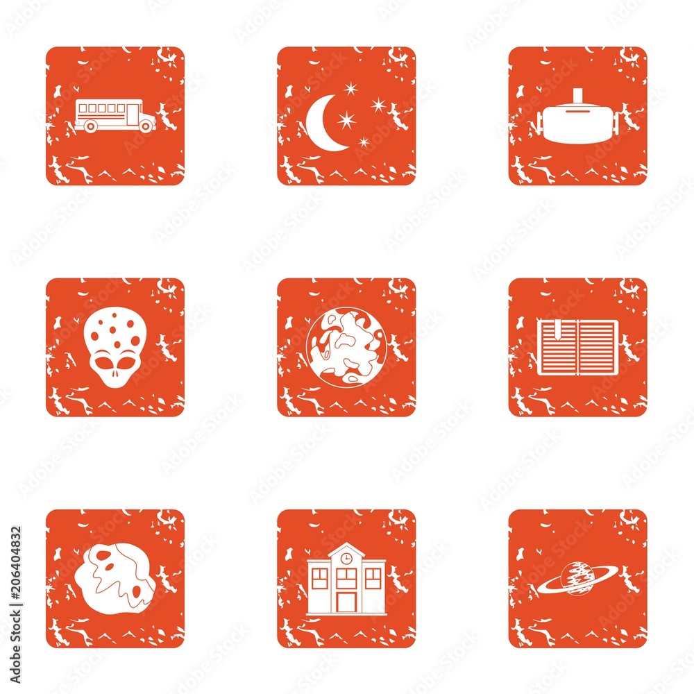 Poster study of alien icons set. grunge set of 9 study of alien vector icons for web isolated on white back