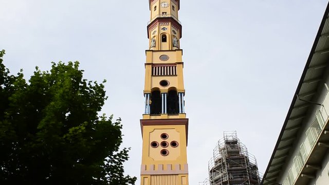 Turin, Piedmont region, Italy. May 2018. Church of Our Lady of Suffrage and Santa Zita. Its bell tower, with its 83 meters, is the fifth highest summit of the city of Turin. Movement bottom to top