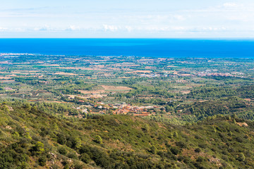 Fototapeta na wymiar View of the landscape of the coastline of Costa Dorada, Tarragona, Spain. Copy space for text.