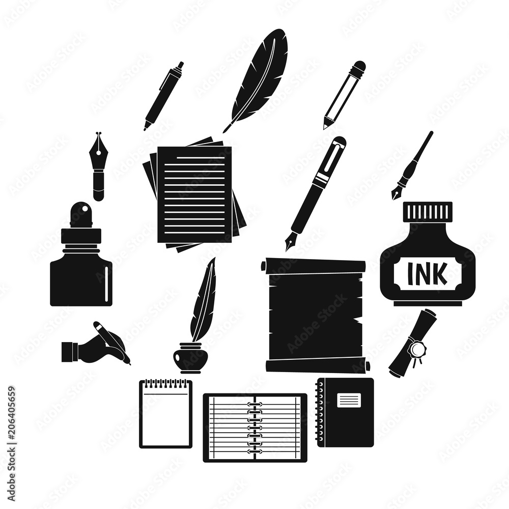 Poster writing icons set items. simple illustration of 16 writing items vector icons for web