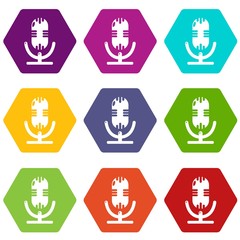 Studio microphone icons 9 set coloful isolated on white for web