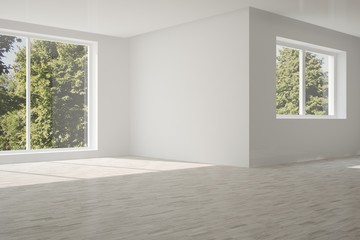 White empty room with summer landscape in window. Scandinavian interior design. 3D illustration