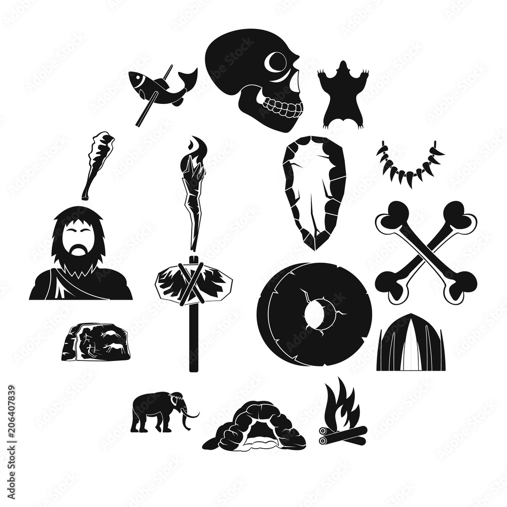 Poster caveman icons set. simple illustration of 16 caveman vector icons for web