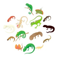 Lizard icons set in cartoon style on a white background
