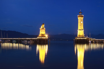Harbor gate of City Lindau at Lake Constance at Night