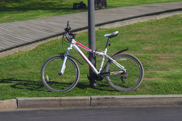 Bicycle parked at a lamppost