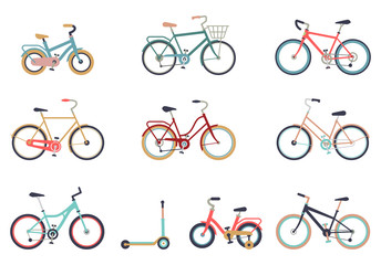 Set of bicycles in a flat style isolated on white background. Bike for man, woman, boy, girl. Bike icon vector.