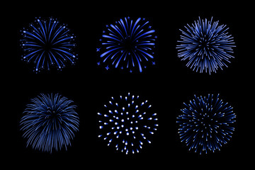 Beautiful blue fireworks set. Bright fireworks isolated black background. Light blue decoration fireworks for Christmas, New Year celebration, holiday festival, birthday card. Vector illustration