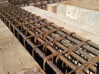 Steel reinforcement bar used to reinforced concrete at the construction site. It was tied together...