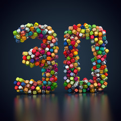 Zahl 30 aus bunten Spielwürfeln