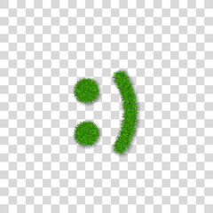 Green grass smile 3D. Smiley grassy icon Isolated white transparent background. Ecology concept. Happy smiling sign. Symbol eco lawn, nature, safe environment, healthy, spring. Vector illustration