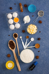 Baking composition eggs flour milk butter spices kitchen tools