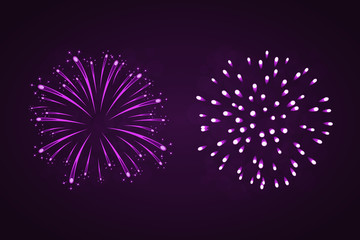 Beautiful purple fireworks set. Bright fireworks isolated black background. Light pink decoration fireworks for Christmas, New Year celebration, holiday festival, birthday card. Vector illustration
