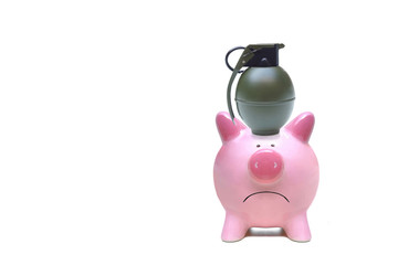 A hand grenade on a pink piggy bank / Terrorism threatening economy concept