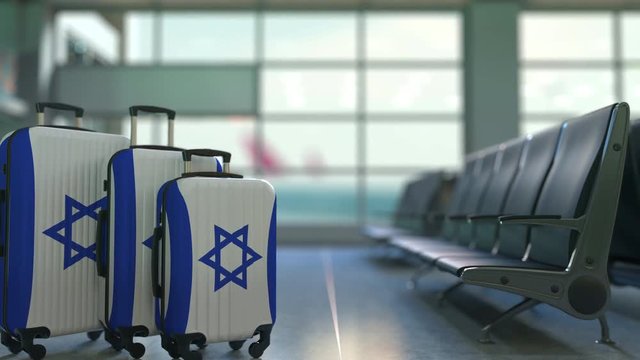 Travel suitcases featuring flag of Israel. Israeli tourism conceptual animation