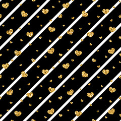 Gold heart seamless pattern. Black-white geometric stripes, golden confetti-hearts. Symbol of love, Valentine day holiday. Design wallpaper, background, fabric texture. Vector illustration