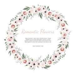 Fototapeta na wymiar Cute wreath with leaves and flowers, vector illustration in vintage watercolor style.