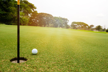 Golf ball on green near golf hole Concept of success, win	