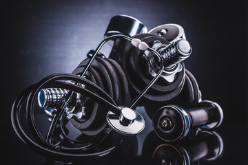 close-up view of various dumbbells and stethoscope, healthy lifestyle concept